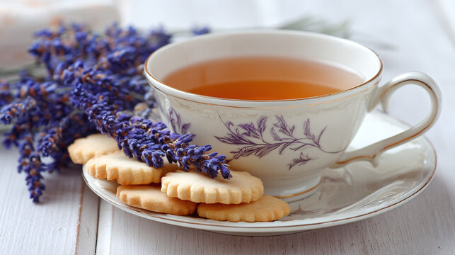 Elegant teacup with amber tea and lavender bouquet sits on table. Shortbread cookies, lavender sprigs adorn the elegant saucer. Refreshing drink, sweet pastry, floral decor.