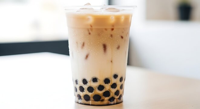 Milk tea with bubbles in takeaway cup, condensation on surface, modern drink aesthetic capturing refreshing texture, trendy beverage style, and urban cafe culture.