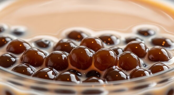 Close-up macro of bubble tea pearls inside milk tea, glossy texture and rich brown tones, highlighting chewy tapioca detail and creamy beverage aesthetic.
