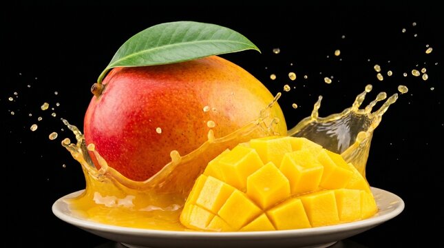 "Whole mango with reddish-yellow gradient skin and green leaf beside cubed mango flesh, surrounded by yellow juice splash against black background, highlighting tropical freshness."