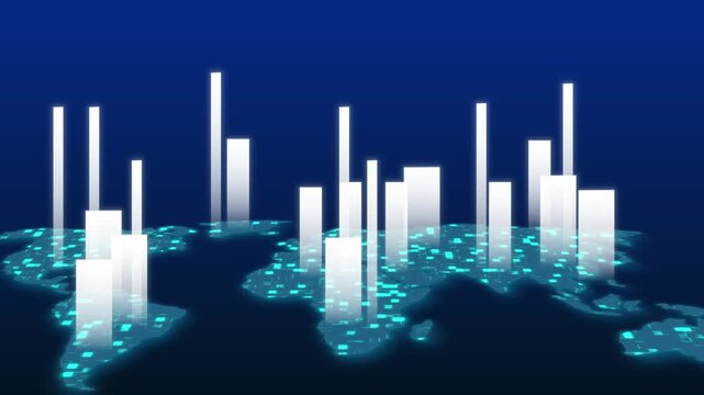 Data visualization animation with bar charts. Data visualization global network map. Data visualization business analytics graphic on black.