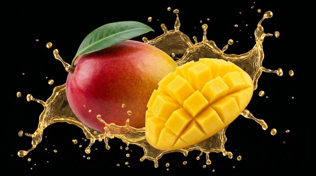 "Whole mango with reddish-yellow gradient skin and green leaf beside cubed mango flesh, surrounded by yellow juice splash against black background, highlighting tropical freshness."