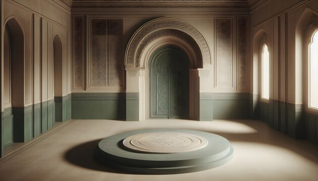 Minimalist mosque interior with green wall and large arch.
