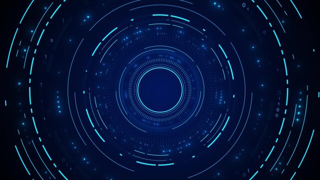 Blue circular binary HUD background with glowing rings, digital marks, dark tech space, dotted particles. AI videos, cyber security intros, data screens, software promos, futuristic titles, overlays.