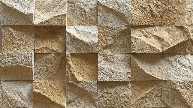 Natural sandstone wall texture, geometric stone cladding background, beige rock mosaic tiles for modern interior design and architectural facade