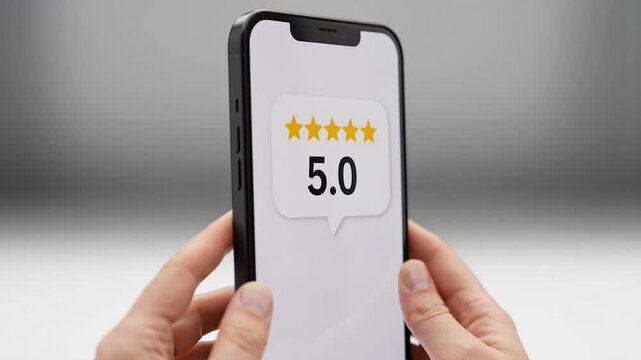 Person holding a modern smartphone displaying a five-star rating