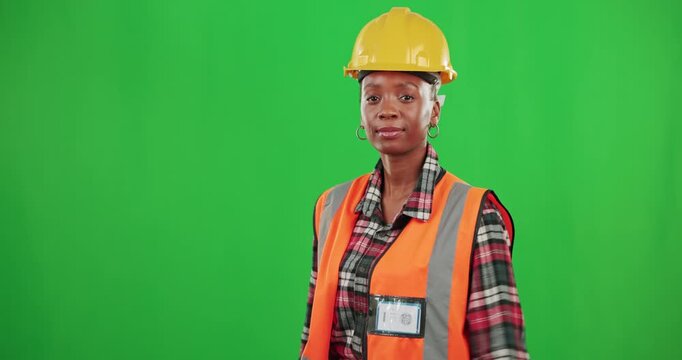 Construction worker, green screen portrait or happy black woman with smile in building industry. Contractor, studio mockup or female African builder smiling with helmet, confidence or arms crossed