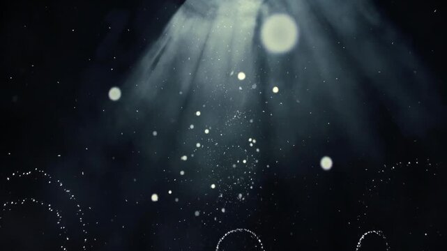 Floating dust motes drifting in soft cinematic style on a dark background, forming a concept of mystery and calm atmospheric depth