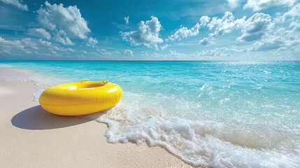 Obraz premium Vibrant Yellow Inflatable Ring Rests on Sun-Kissed Sandy Beach with Sparkling Azure Ocean Waves and Clear Sky in a Warm, Inviting Summer Scene