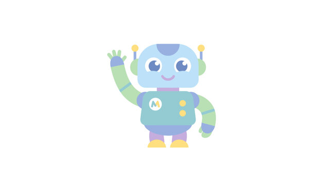 Cute blue and green robot waving hello on a white background, perfect for technology and education themes