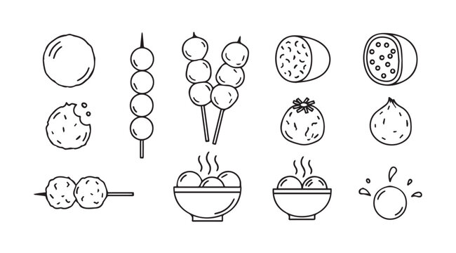 Various spherical food items in a clean white background line art style