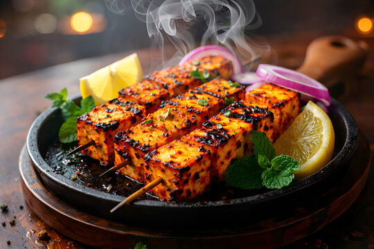 Grilled paneer tikka sizzling on skewer with lemon and herbs on sizzler plate