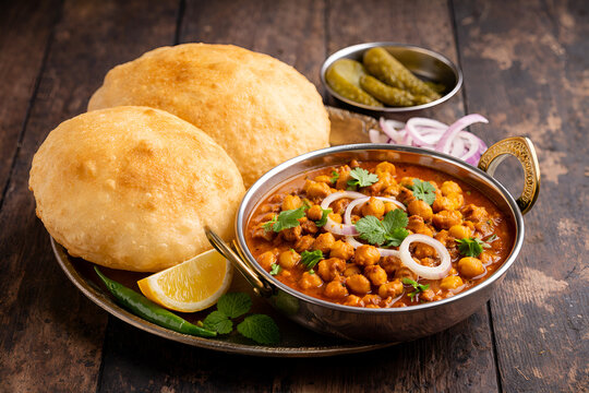 Traditional indian street food chole bhature popular punjabi cuisine spicy chickpea curry with fried bread