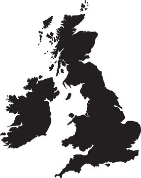 United kingdom and ireland map silhouette featuring detailed coastlines and island shapes.