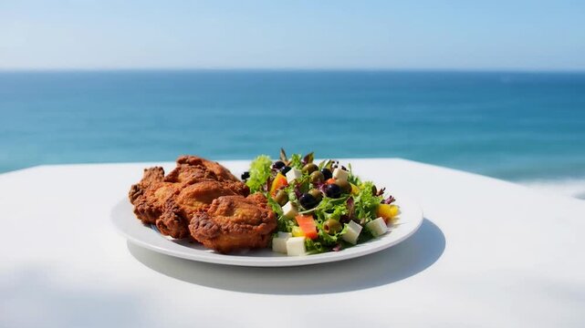 A plate of fried chicken and salad sits on a table by the ocean