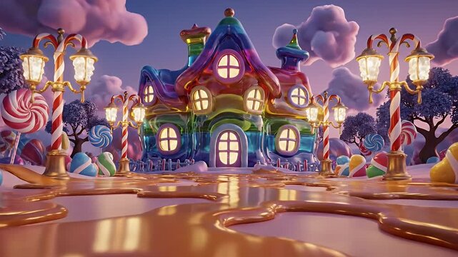 Vibrant Whimsical Candy Town Center with Lollipop Lamps Under Twilight Sky