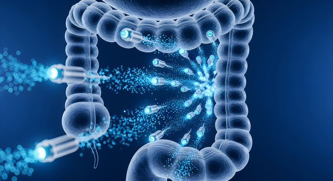 Futuristic Nanobots Traveling Through Human Colon Medical Illustration