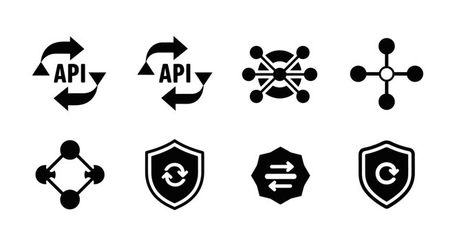 API Integration and Data Security Icons: Connection, Network, Shield