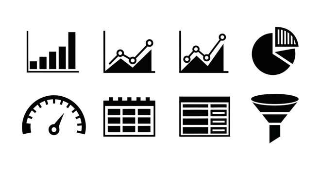 Business Data Analysis Icons: Charts, Calendar, Speedometer, Funnel, Pie Chart