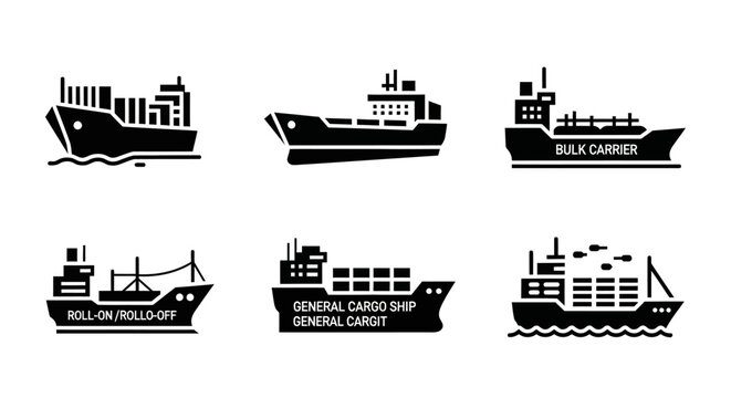 Cargo Ship Icons: Container, Bulk Carrier, Ro-Ro, General Cargo