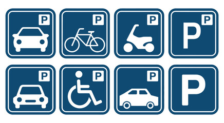 Parking signage set with car bike motorcycle bus disabled and visitor parking icons for transport and facility management design graphics © MstMaya