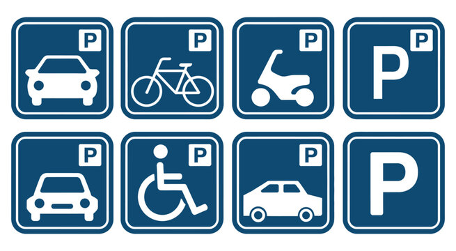 Parking signage set with car bike motorcycle bus disabled and visitor parking icons for transport and facility management design graphics