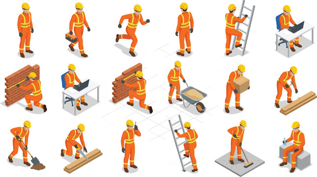 Isometric Orange Construction Worker Set with Various Labor Poses Including Building, Digging, Climbing, and Working for Industry Design Use