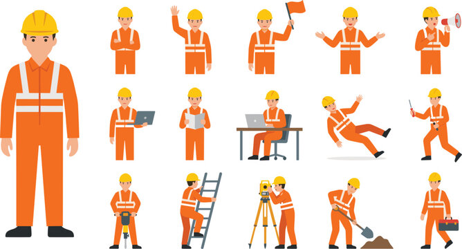 Orange Construction Worker Character Set with Multiple Action Poses Including Surveying, Digging, Falling, and Working for Labor Design Use
