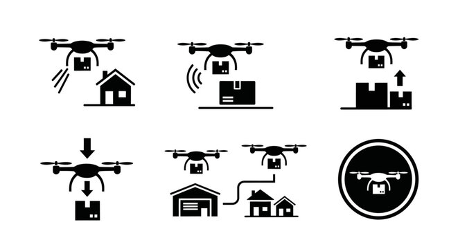 Drone Delivery Icons: Package Drop-off, Pickup, Network, and Logistics