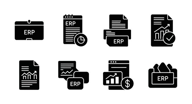 ERP Icons: Business Management, Data Analysis, Financial Planning, Workflow Automation