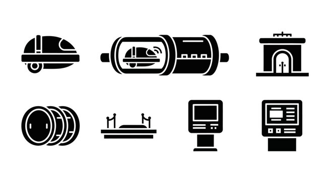 Future Transportation Icons: Hyperloop, Train Station, Pod, Ticket Machine