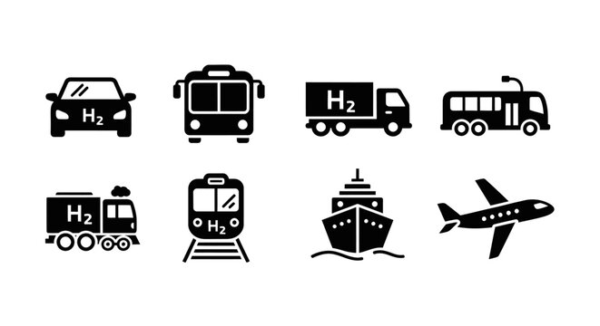 Hydrogen Fuel Transportation Icons: Car, Bus, Truck, Train, Ship, Airplane