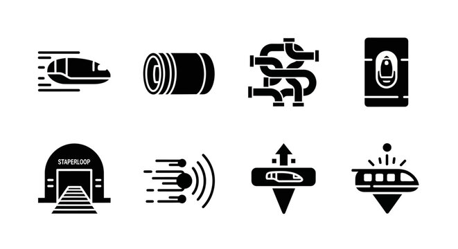 Hyperloop Transportation System Icons: Futuristic Train, Tube, Network, Energy