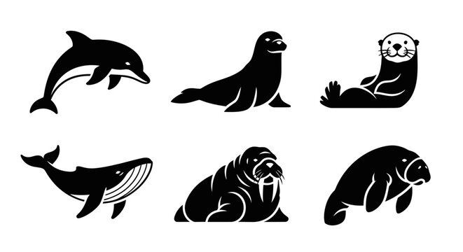 Marine Mammal Icons Set: Dolphin, Seal, Otter, Whale, Walrus, Manatee