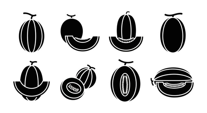 Melon Icons Set: Whole, Sliced, Halved, And Diced Fruit Vector Silhouettes