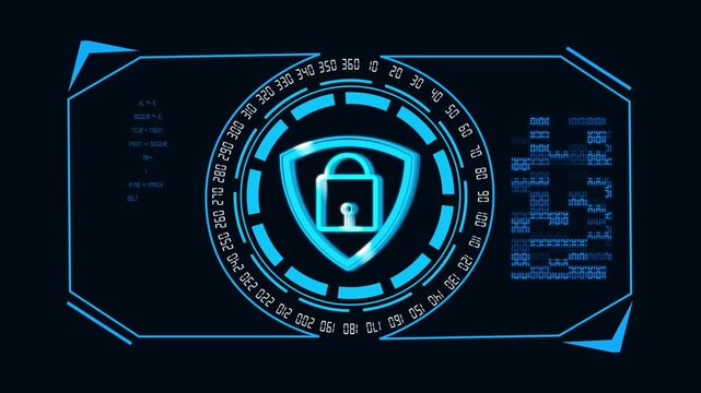 Security shield animation on digital hud. Security shield futuristic data protection. Security shield technology graphic on black background.