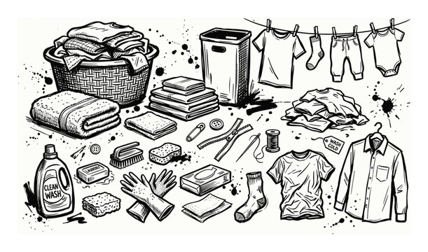 Comprehensive collection of hand-drawn laundry and clothing items in a black and white sketch style, featuring various tools and garments