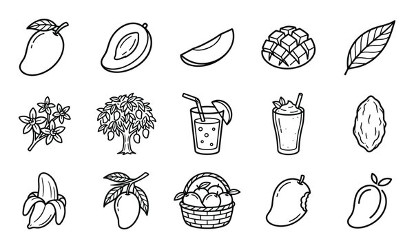 Collection of hand-drawn mango illustrations in various forms, including whole fruit, sliced, diced, on a tree, and as beverages, presented as black outlines