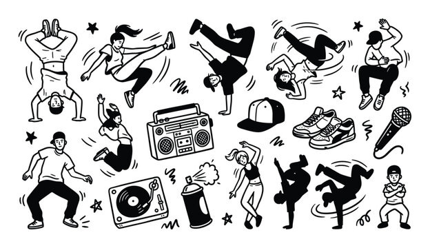 Dynamic black and white doodle illustrations depict various hip-hop dancers in energetic poses with related music and street art elements