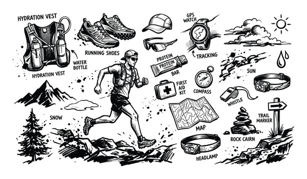 Hand-drawn black and white sketch collection of trail running equipment and outdoor elements