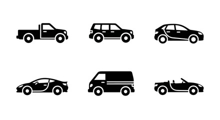 Fototapeta premium Set of 6 different car icons, isolated on white background. Vector illustration.
