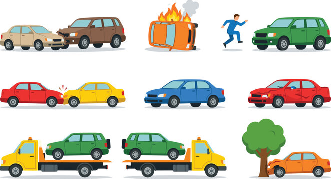 Car Accident Icon Set with Crash, Fire, Tow Truck, and Road Incident Scenes for Insurance, Safety, and Traffic Design Use
