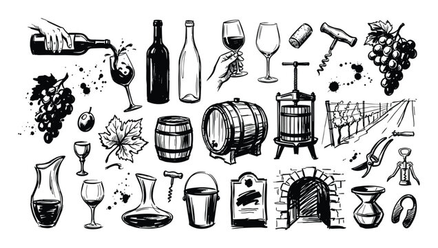 Collection of hand-drawn black and white wine-making elements, including bottles, glasses, grapes, barrels, and tools