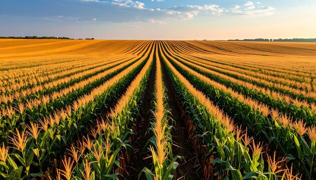 Expansive field of corn plants, meticulously planted in rows, bathed in warm sunlight during the golden hour of the day
