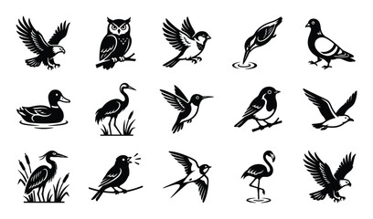 Fototapeta premium Collection of various stylized black bird silhouettes, including eagles, owls, sparrows, and a flamingo