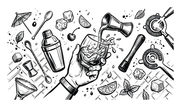 Hand-drawn black and white illustration of various cocktail making tools and ingredients