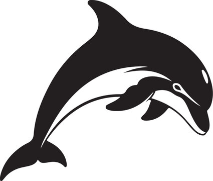 Black dolphin silhouette swimming right white background