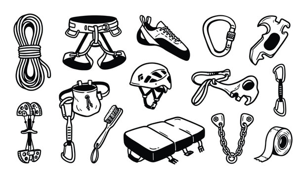 Comprehensive collection of black and white line art illustrations depicting various rock climbing equipment and gear