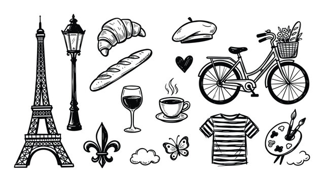 Hand-drawn black and white French themed doodle icons are arranged