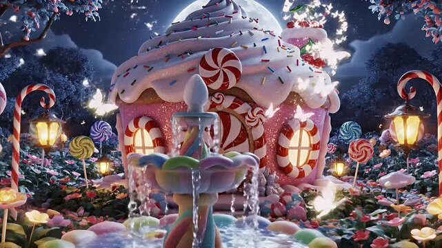 Whimsical Candy Cottage Garden Under a Full Moonlit Winter Night Scene